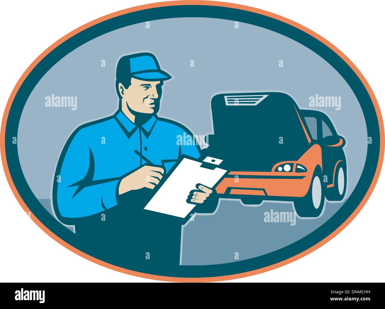 illustration of a Automobile car repair mechanic with clipboard set inside an oval. Stock Vector