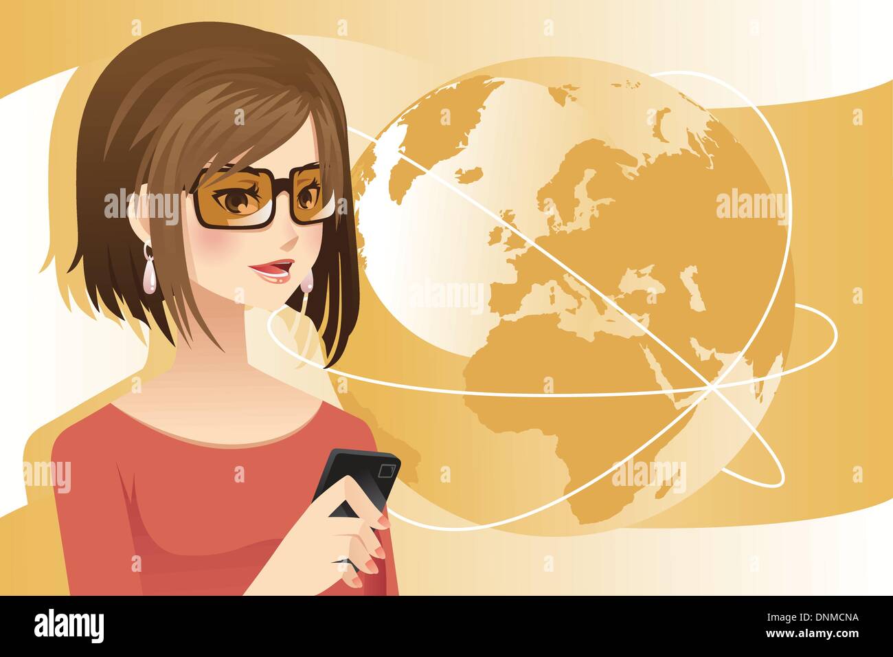 A vector illustration of a woman holding a phone Stock Vector