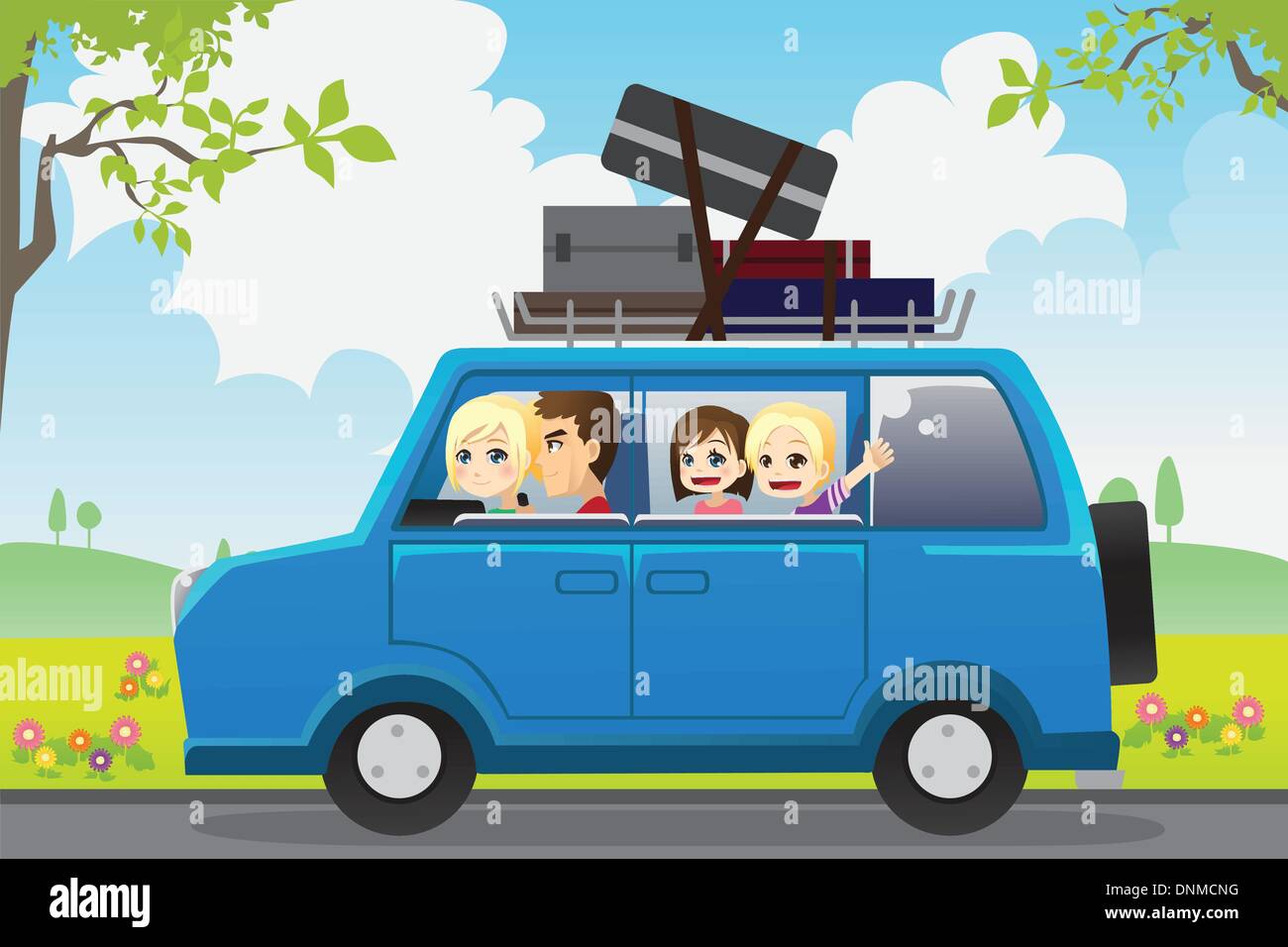 A vector illustration of  a family traveling in a car Stock Vector