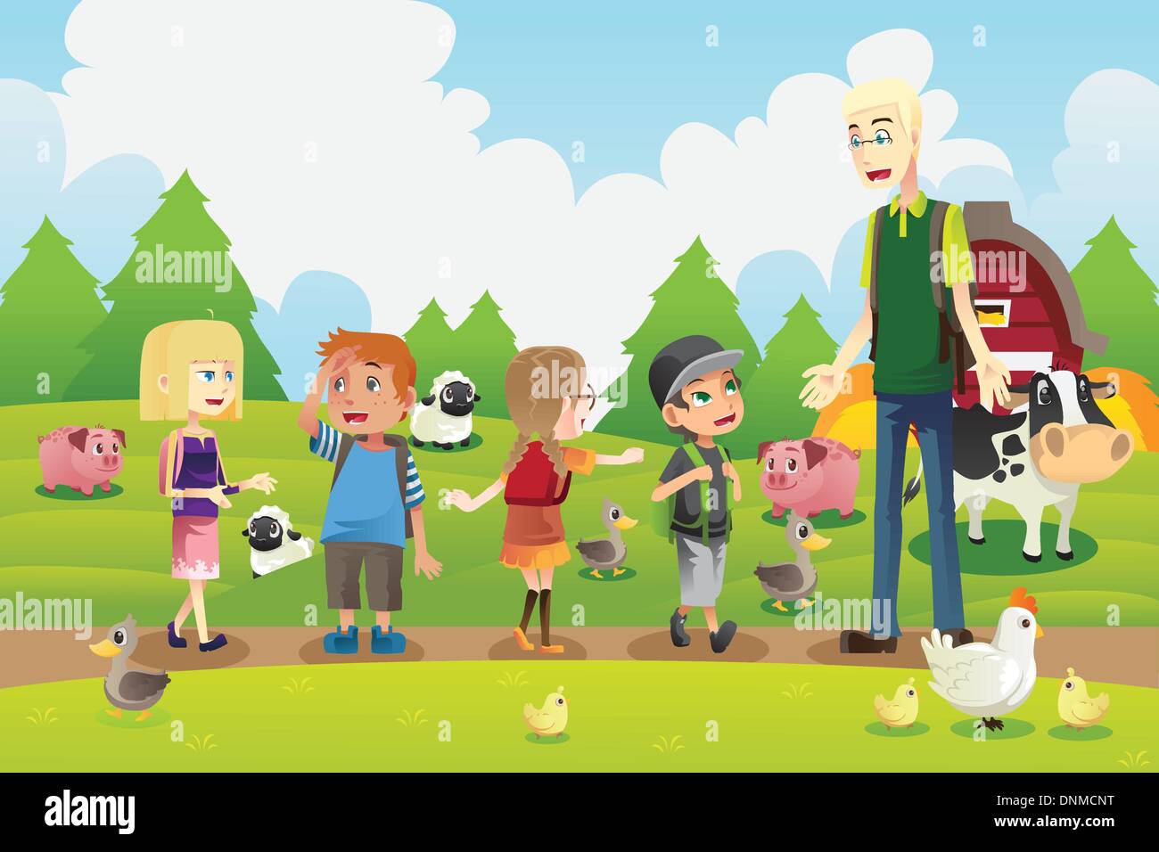 A vector illustration of a group of kids on a field trip to a farm with their teacher Stock Vector