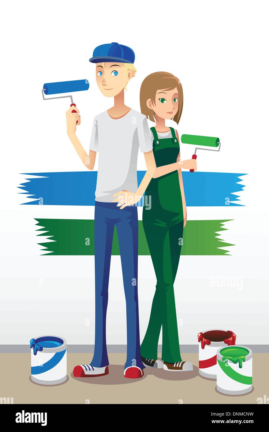 A vector illustration of a couple holding paint brush ready to paint Stock Vector