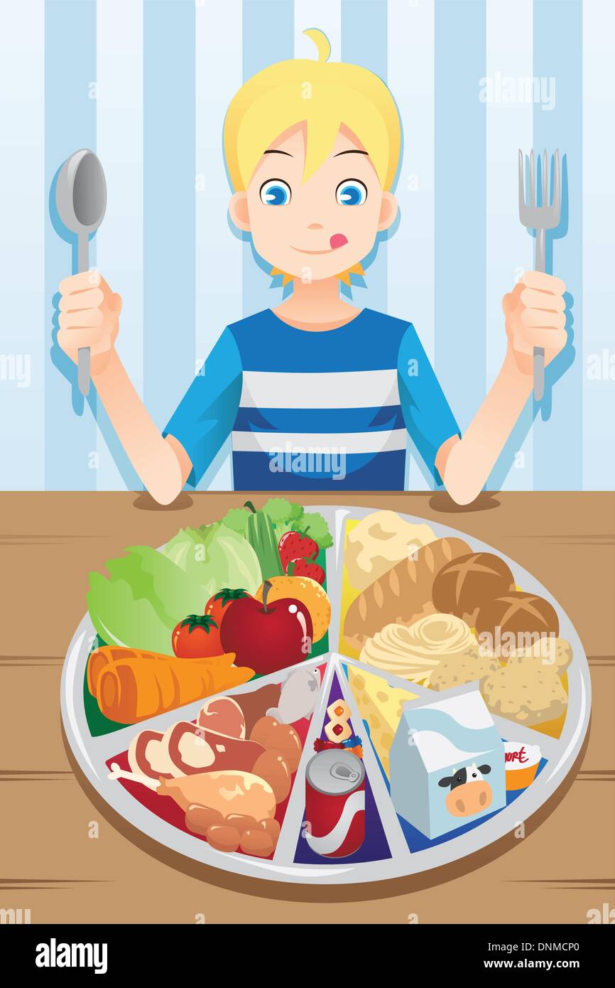 A vector illustration of a boy ready to eat a plate full of food Stock Vector
