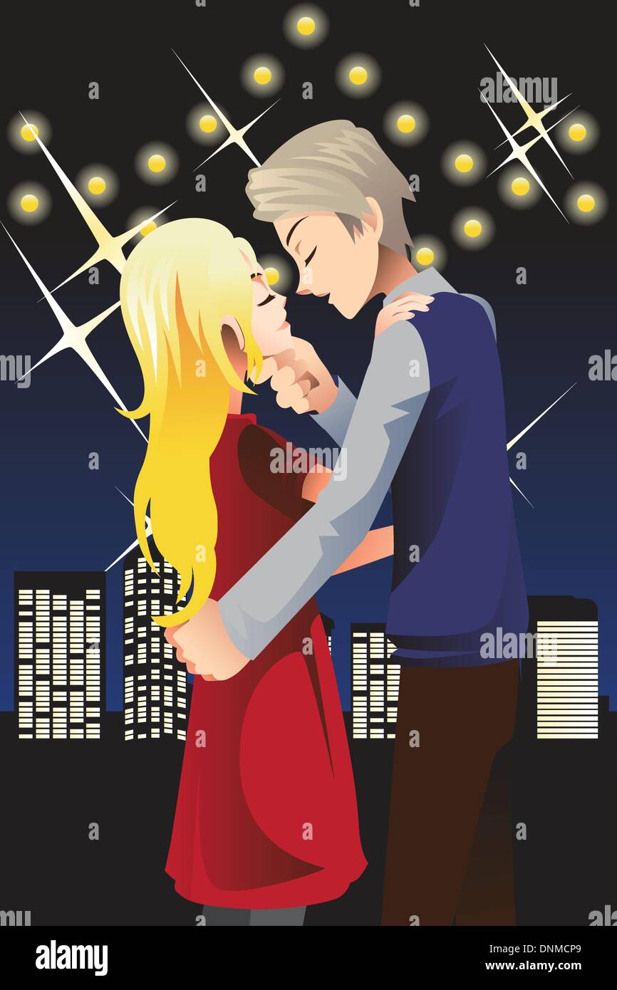 A vector illustration of a romantic young couple kissing Stock Vector