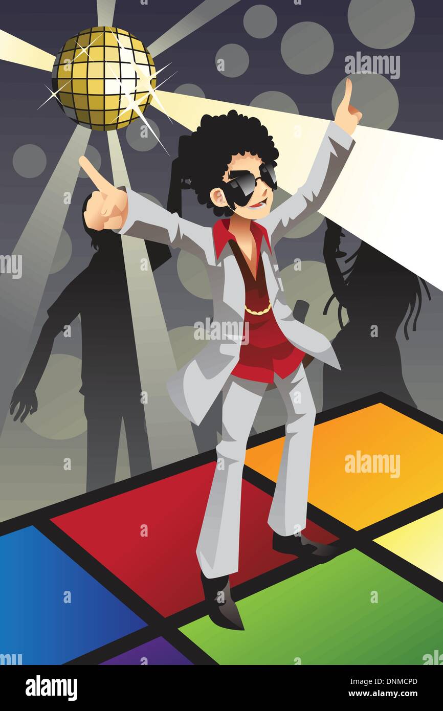 A vector illustration of a man dancing disco on the dance floor Stock Vector