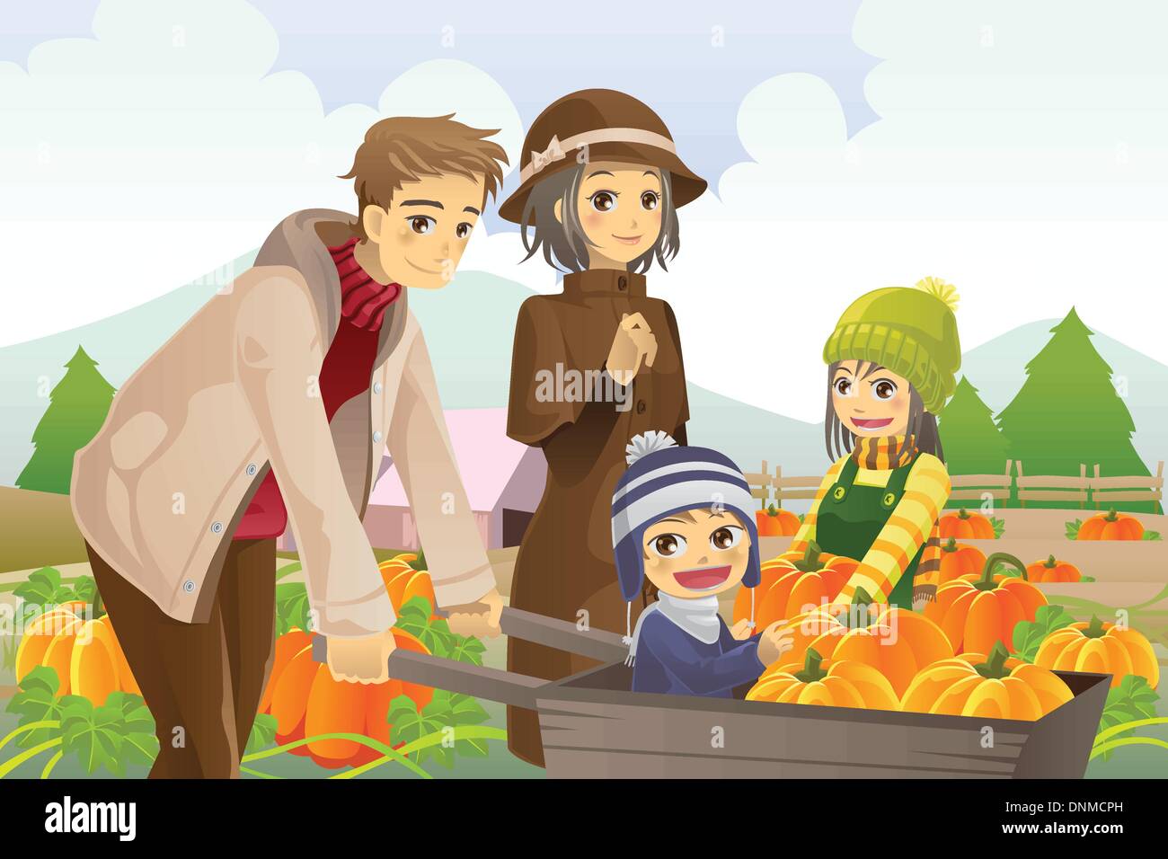 A vector illustration of a happy family on a pumpkin patch trip in autumn or fall season Stock Vector