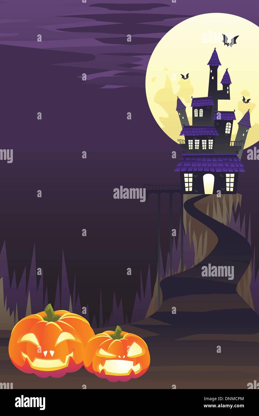 A vector illustration of Halloween background with pumpkins and spooky castle and flying bats Stock Vector
