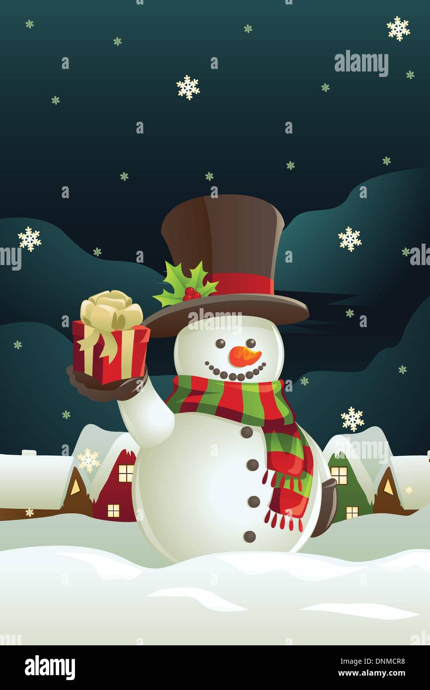 A vector illustration of a snowman holding a Christmas present Stock ...