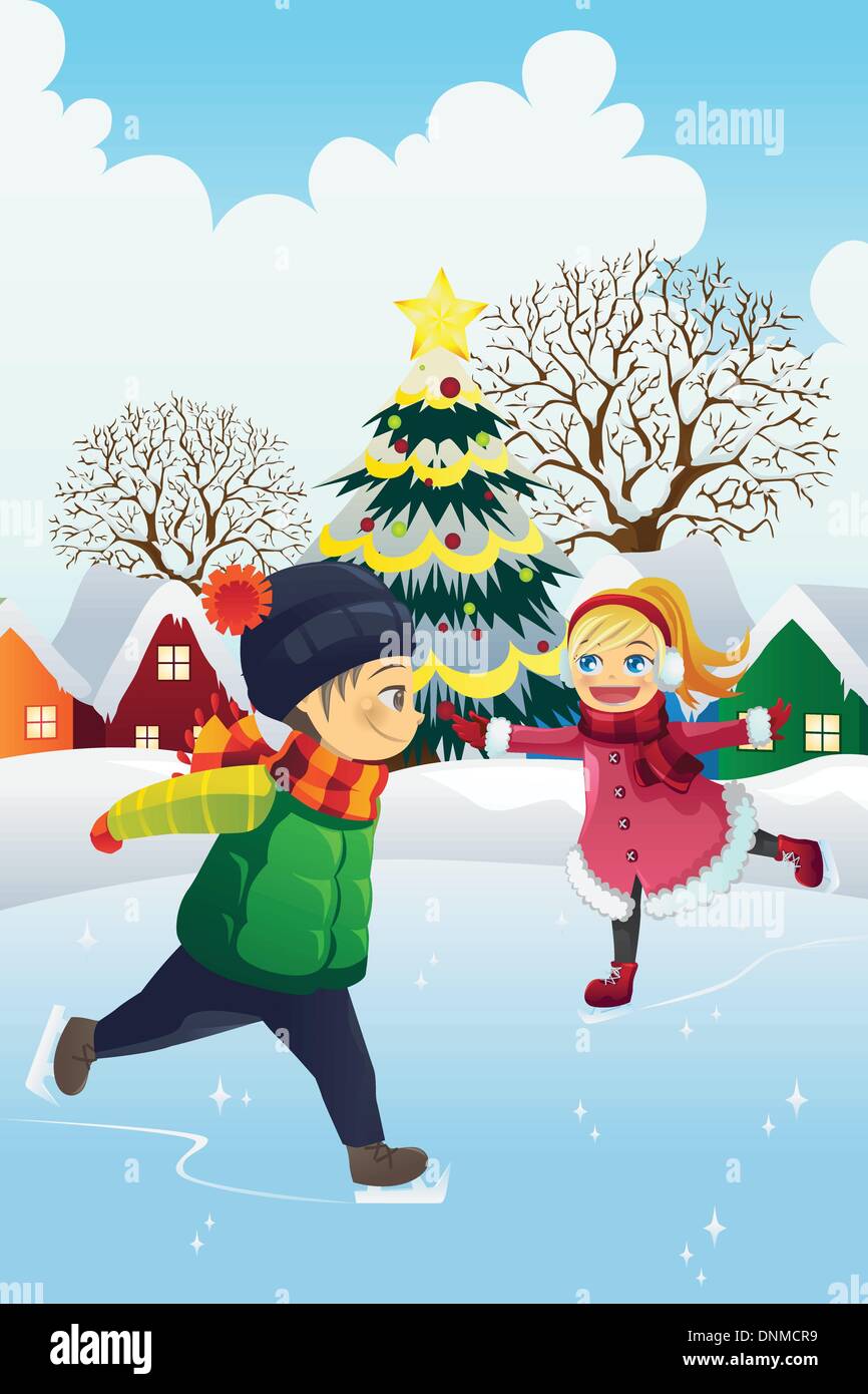 A vector illustration of kids playing ice skating outdoor Stock Vector