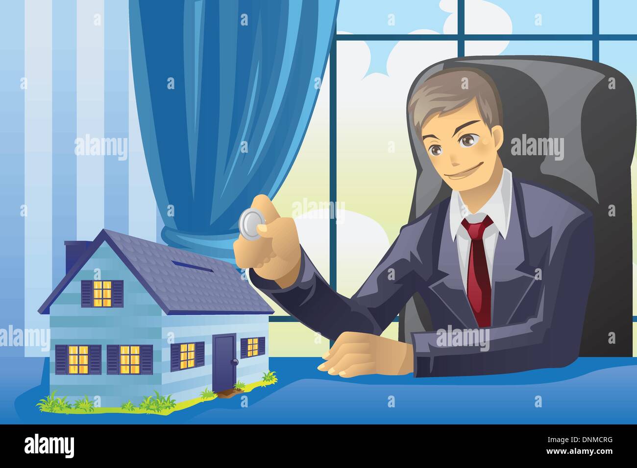 A vector illustration of a businesssman saving money into a house shaped piggy bank Stock Vector