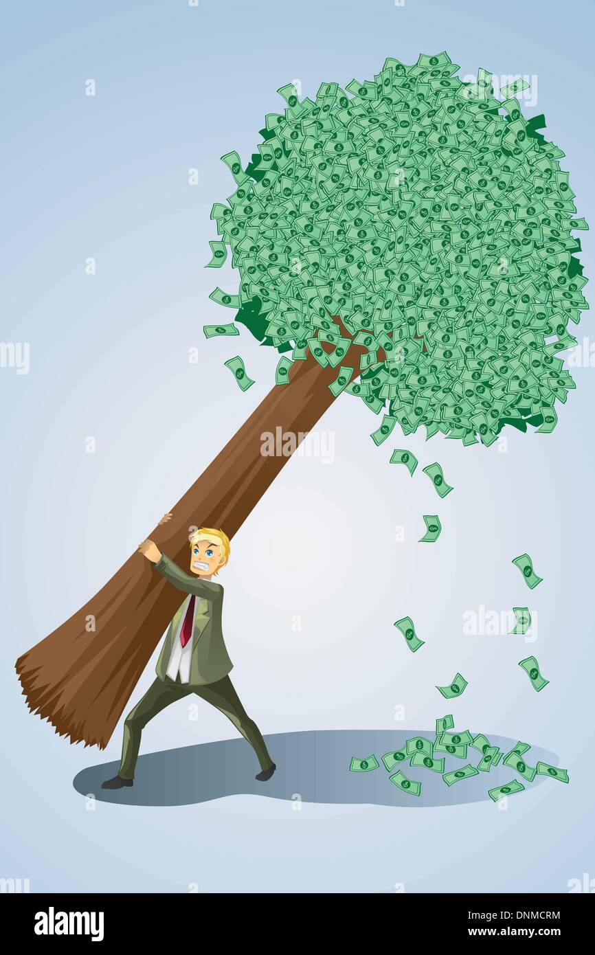 A vector illustration of a businessman lifting a money tree Stock Vector