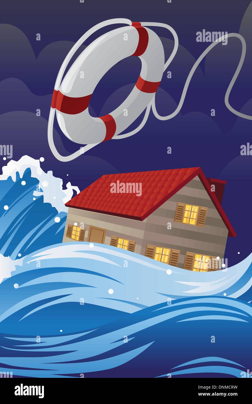 A vector illustration of home insurance concept, a flooded house being saved by a lifesaver Stock Vector