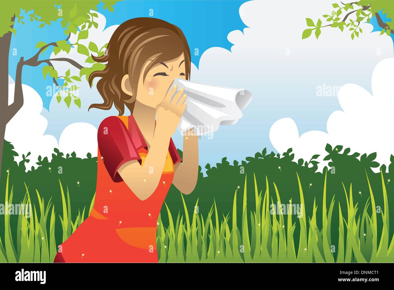 A vector illustration of a woman sneezing outdoor Stock Vector