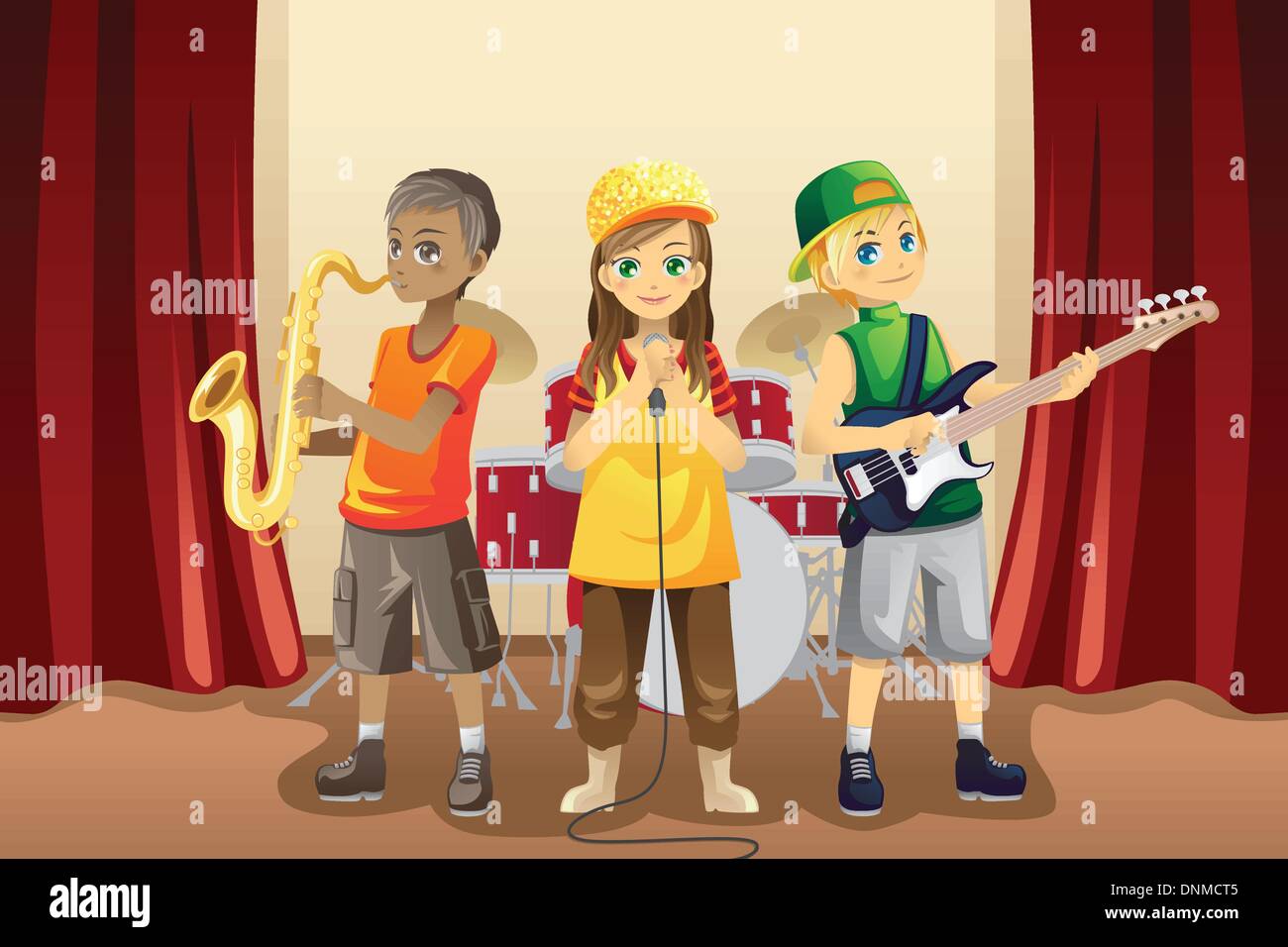 A vector illustration of little kids playing music in a music band Stock Vector