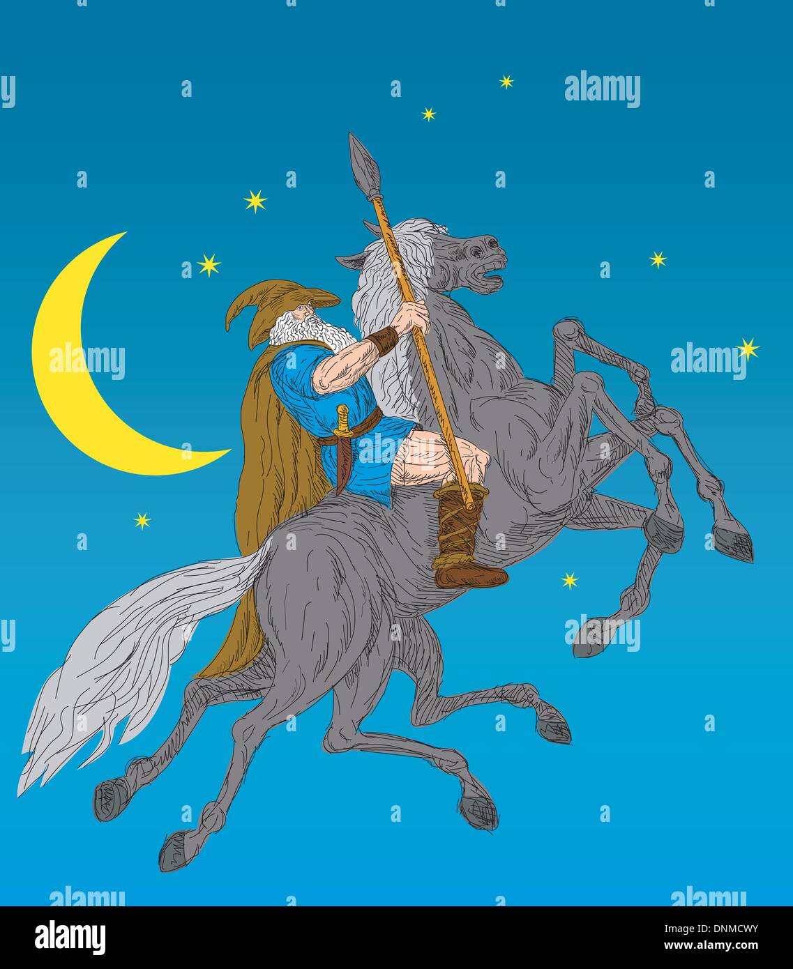 illustration of the Norse God Odin riding eight-legged horse, Sleipner in the wild hunt. Hand   sketched and drawn. Stock Vector