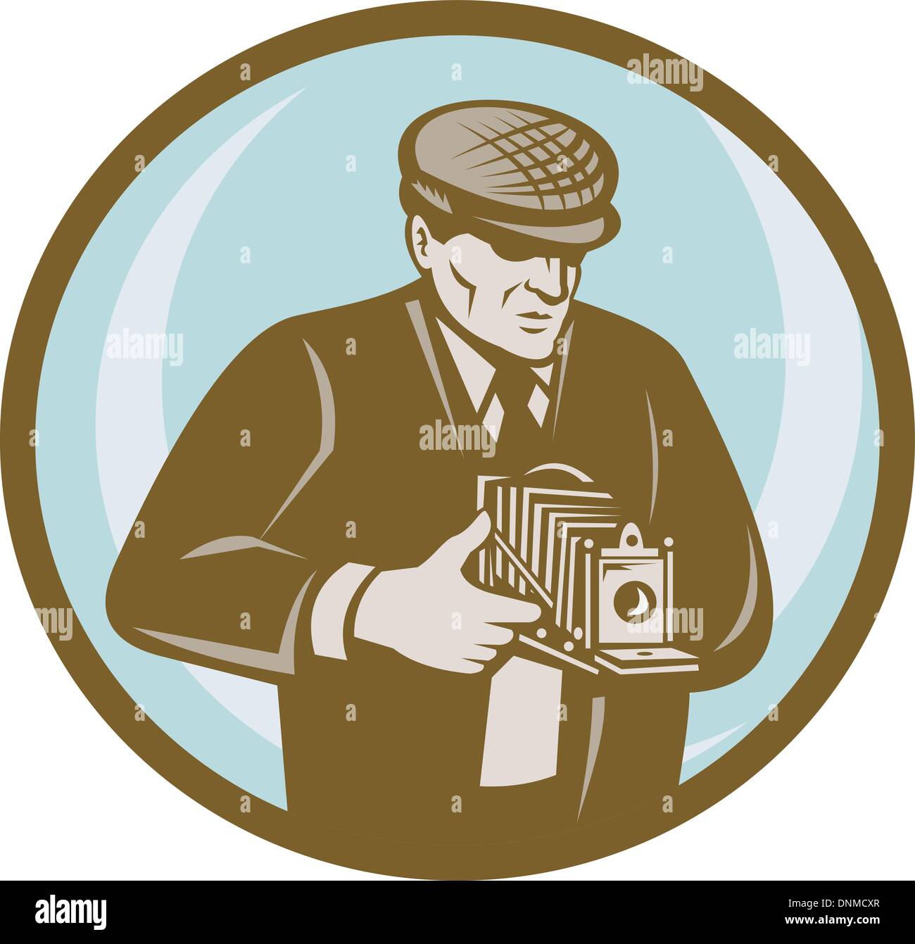 illustration of a Photographer with hat aiming retro vintage camera done in retro style Stock Vector