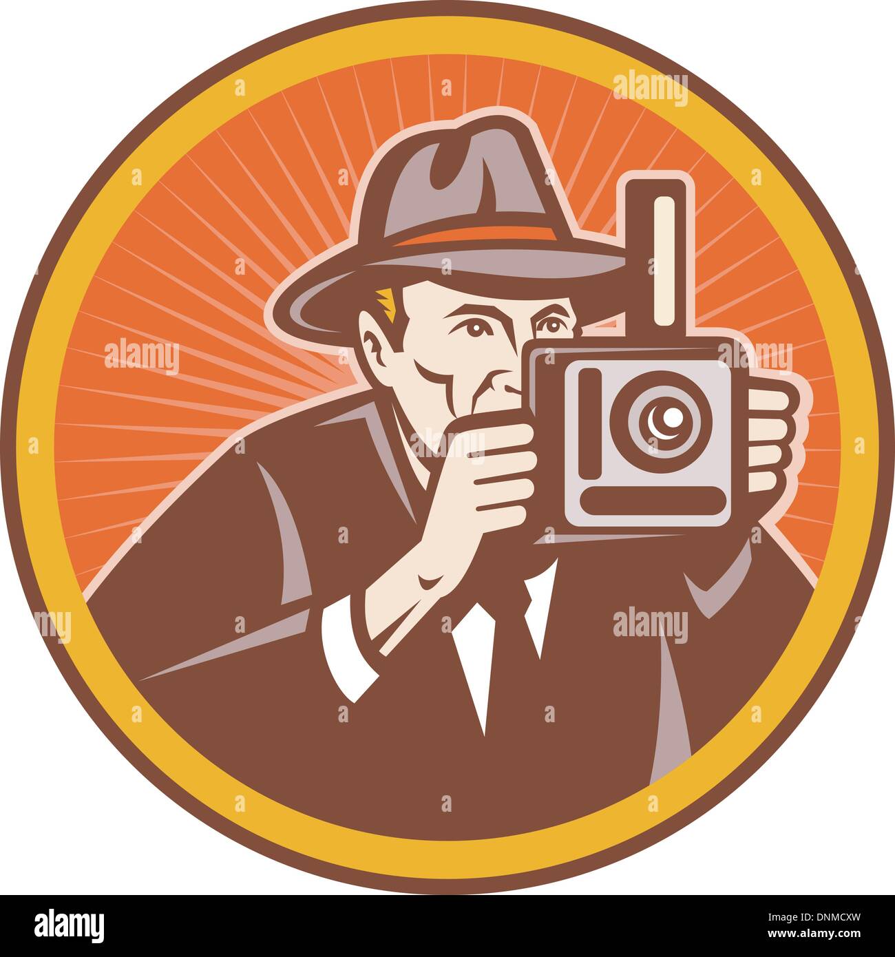 illustration of a Photographer with vintage camera set inside circle. Stock Vector