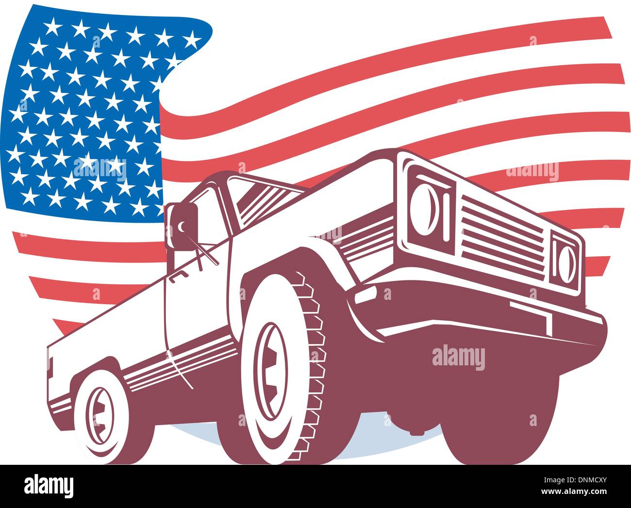 graphic design illustration of an American Pickup truck with stars and stripes flag isolated on white viewed from   low angle do Stock Vector
