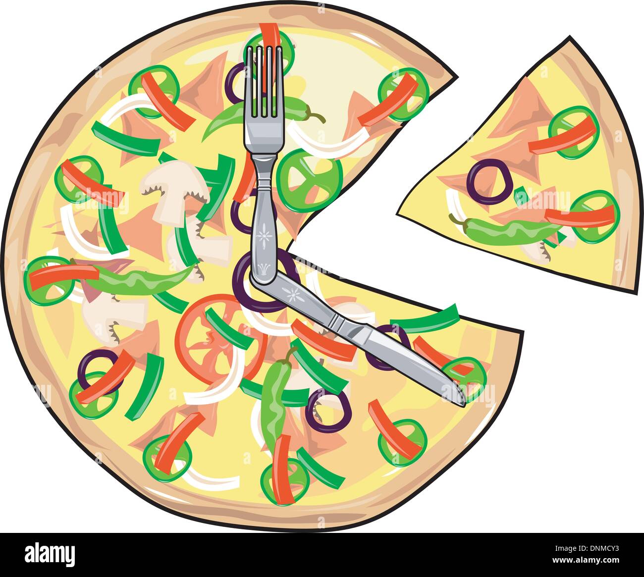 Illustration of a pizza pie clock with fork and knife as minute and