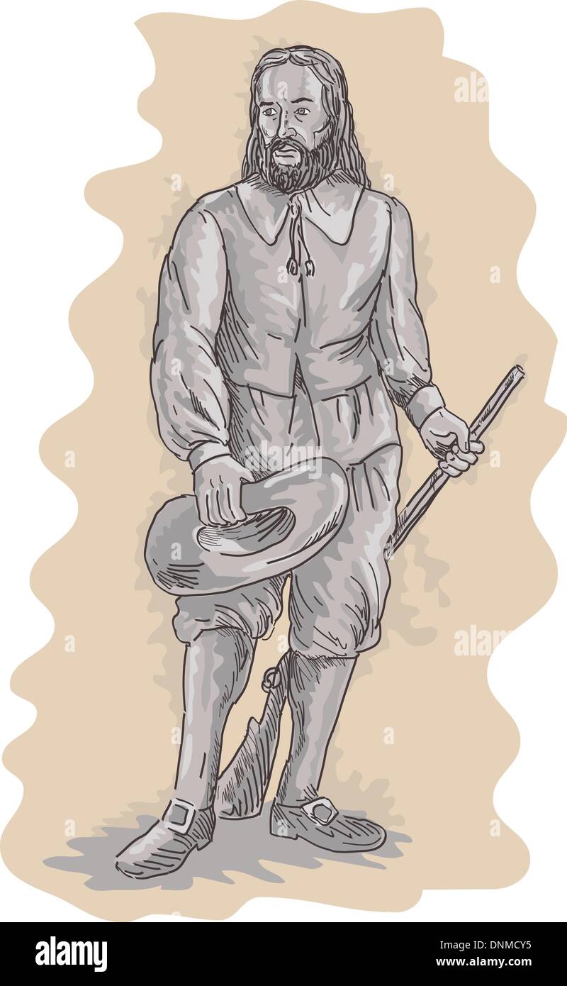 illustration of a Pilgrim standing holding a musket rifle Stock Vector