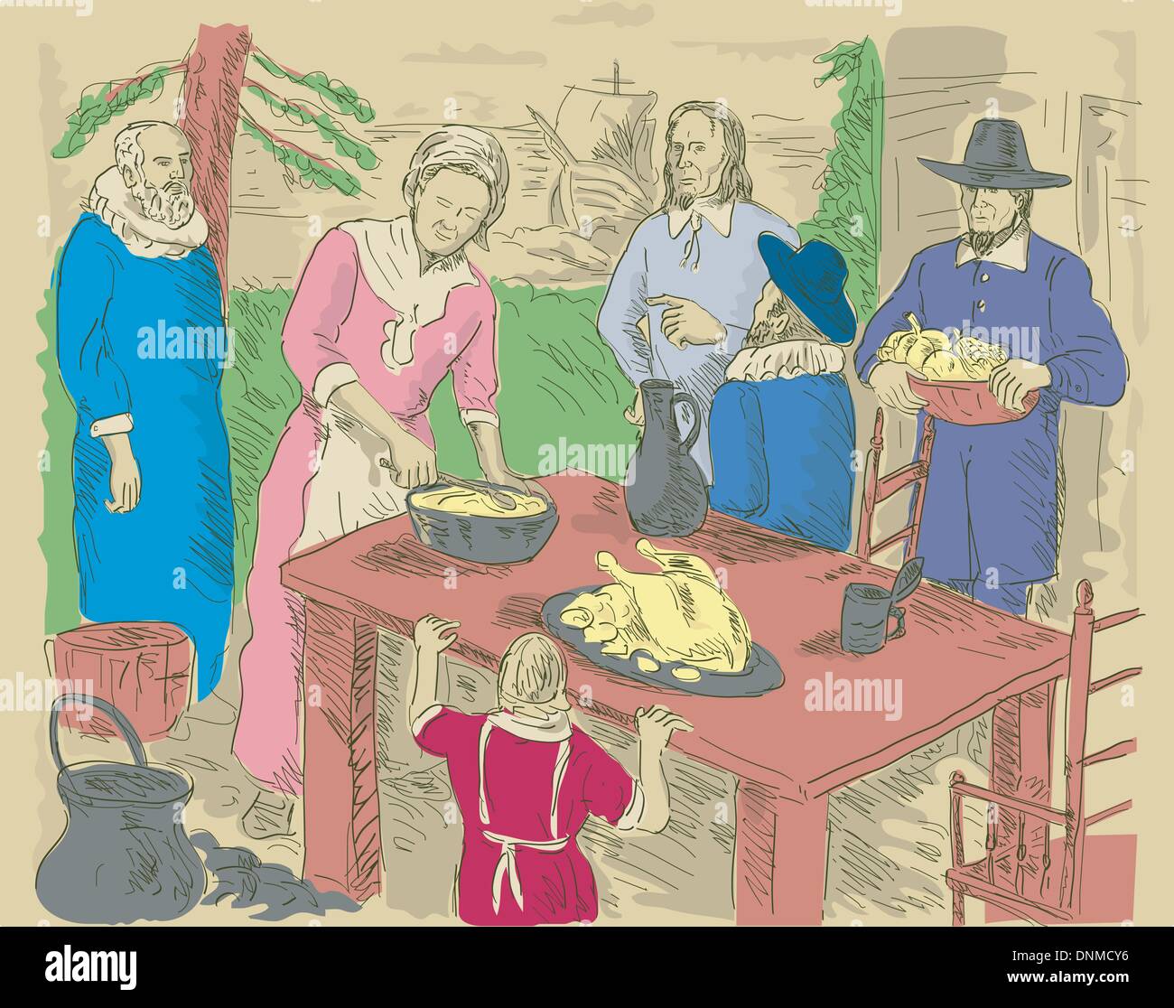 hand drawn illustration of Pilgrims celebrating first thanksgiving dinner Stock Vector