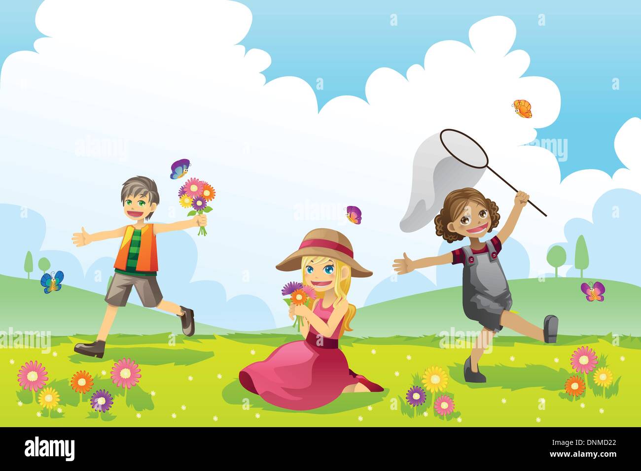 A vector illustration of children having fun playing outdoor during Spring season Stock Vector