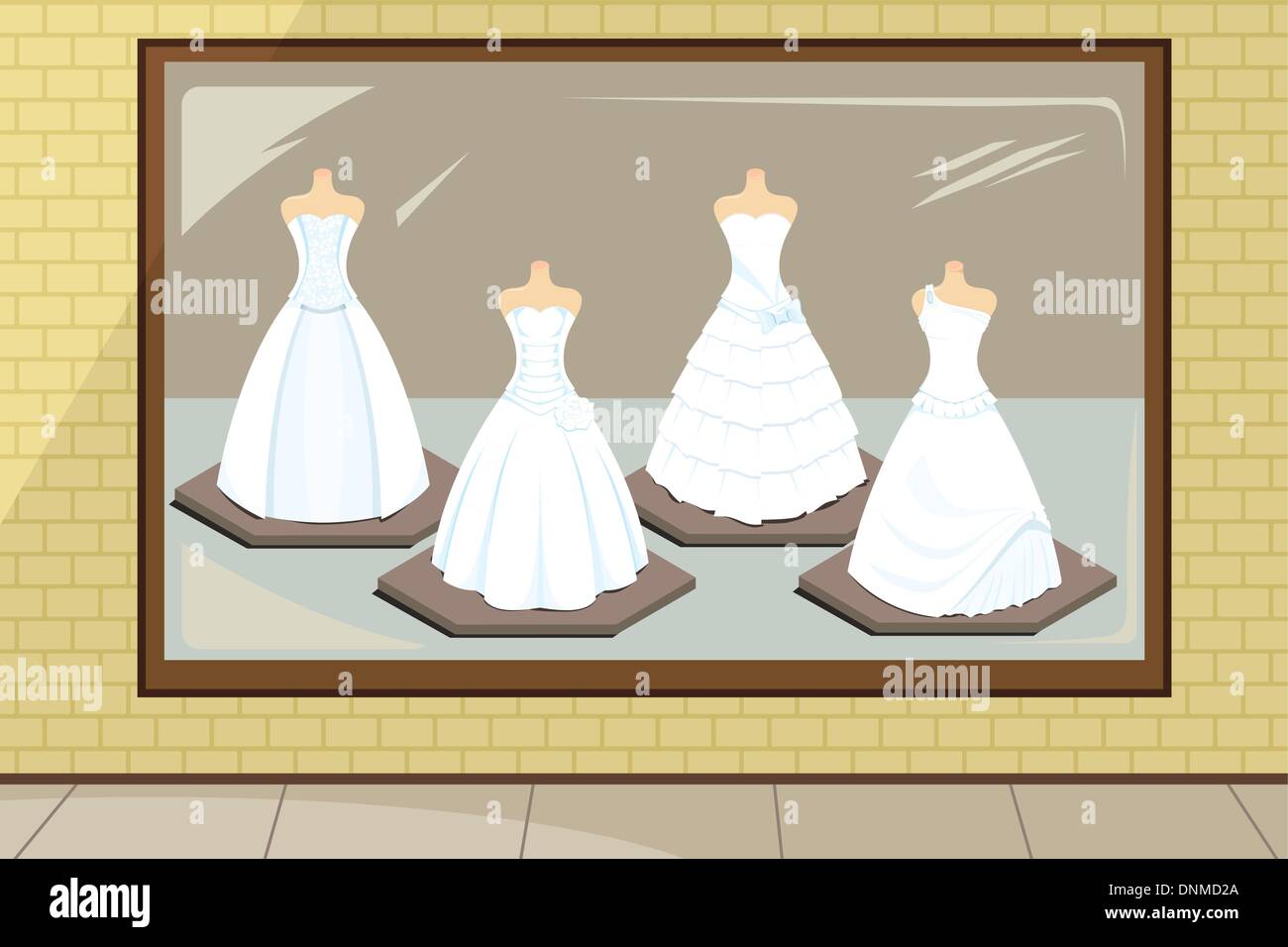 A vector illustration of wedding dresses in store display Stock Vector
