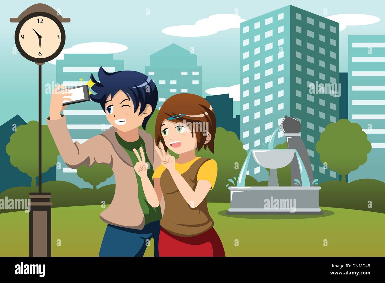 A vector illustration of happy couple on vacation in a big city taking picture of themselves with their cellphone Stock Vector