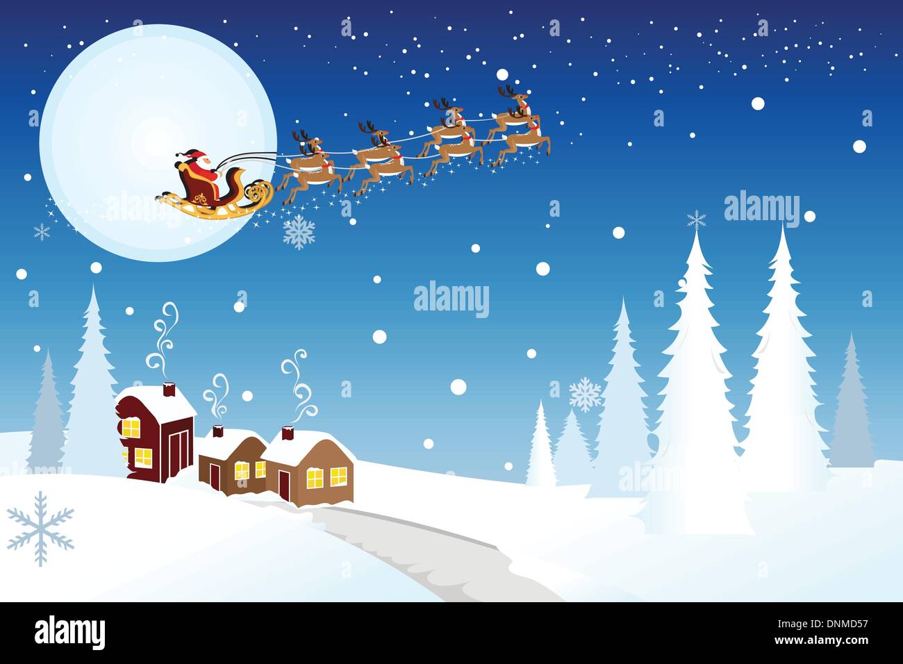 Vector illustration of Santa Claus riding the the sleigh pulled by reindeers in the middle of winter night Stock Vector