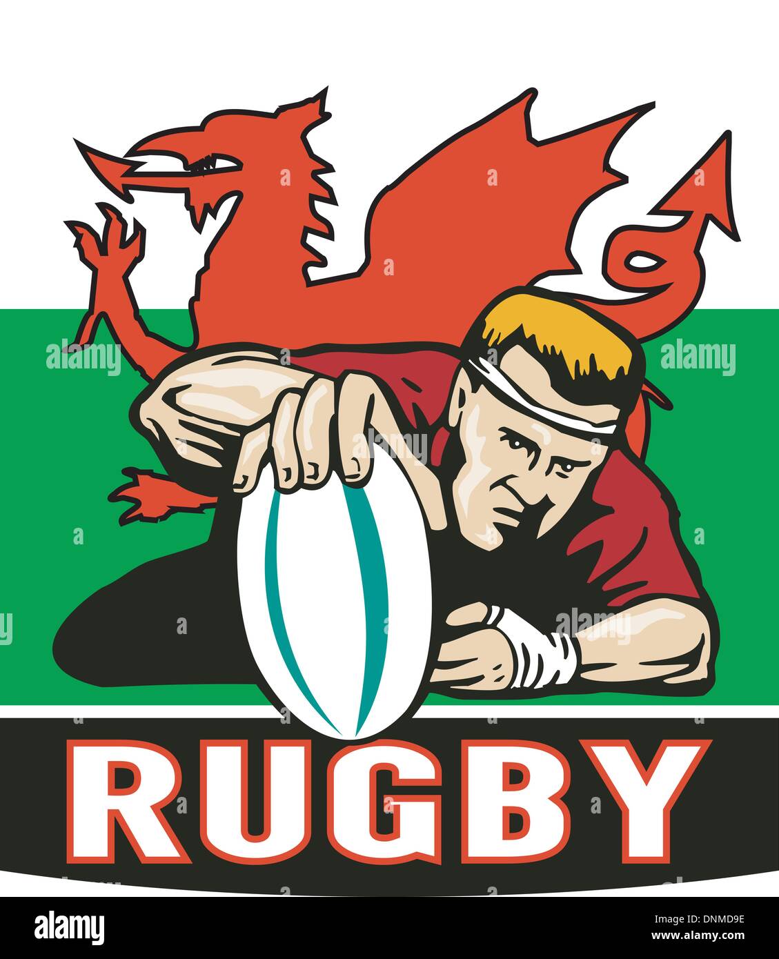 illustration of a Rugby player scoring try viewed from front with wales or welsh  flag in background and words 'rugby' Stock Vector