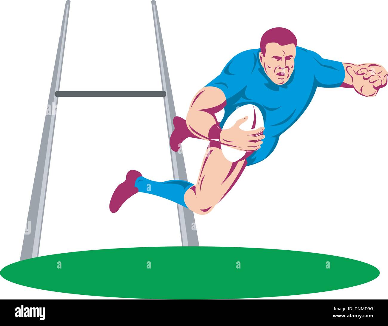 illustration of a rugby player diving to score a try on isolated background done in retro woodcut style Stock Vector