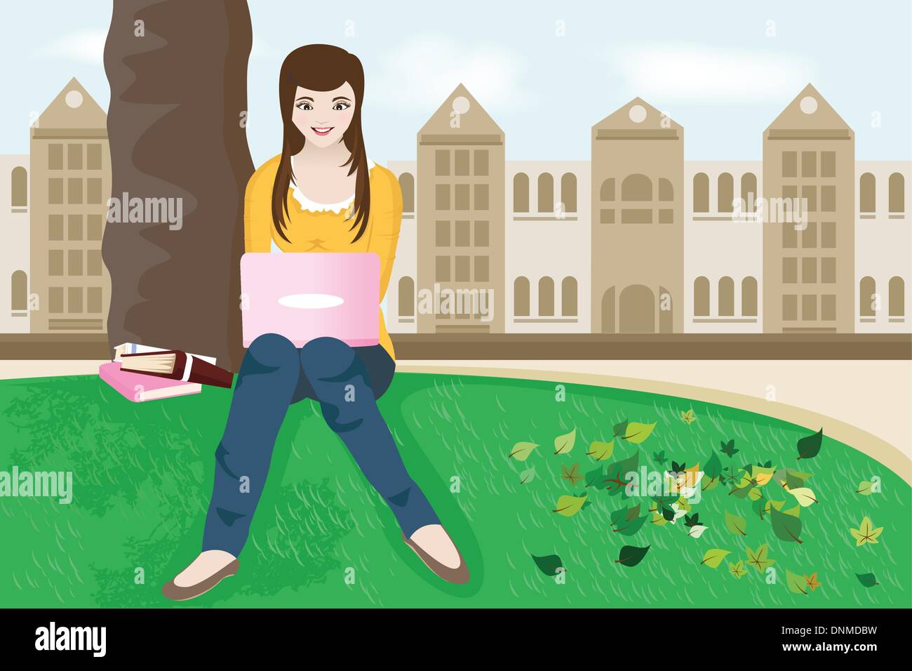 A vector illustration of a female college student studying on campus Stock Vector