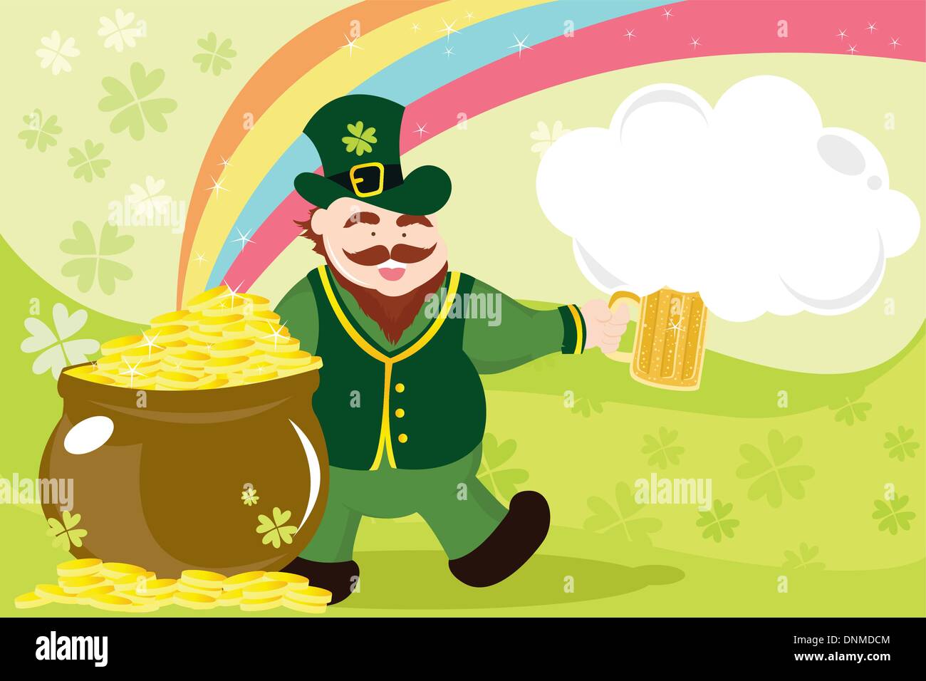 A vector illustration of a leprechaun with beer mug and pot of gold celebrating St Patrick day Stock Vector