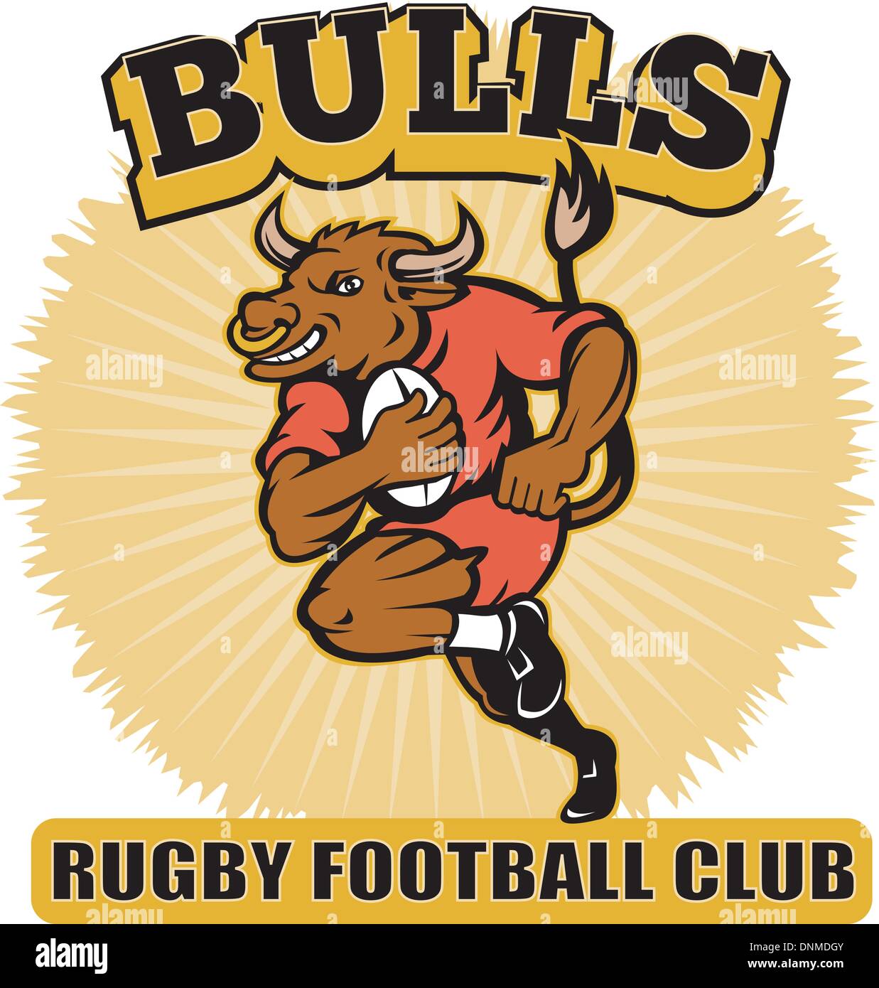 illustration of a cartoon bull playing rugby running with ball with words 'Bulls Rugby Football Club' Stock Vector