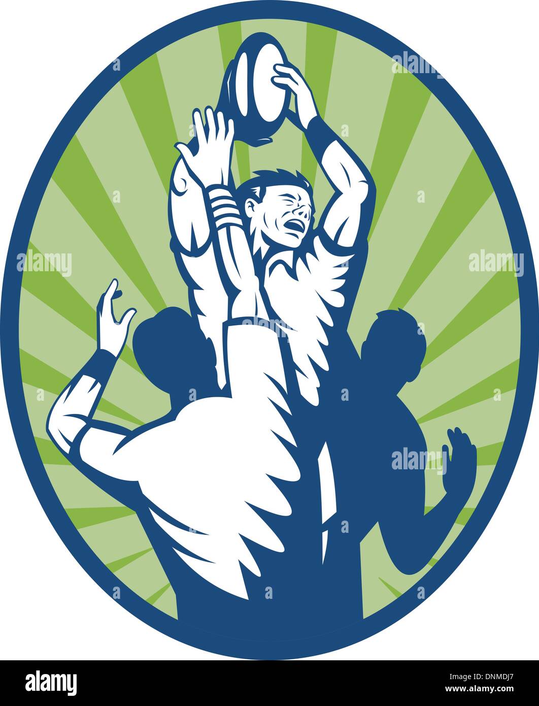 illustration of a Rugby player catching a ball in a lineout throw Stock