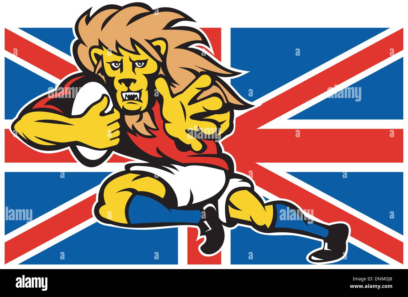 illustration of a cartoon British Lion playing rugby running with ball fending off with Union Jack Flag isolated on white background Stock Vector
