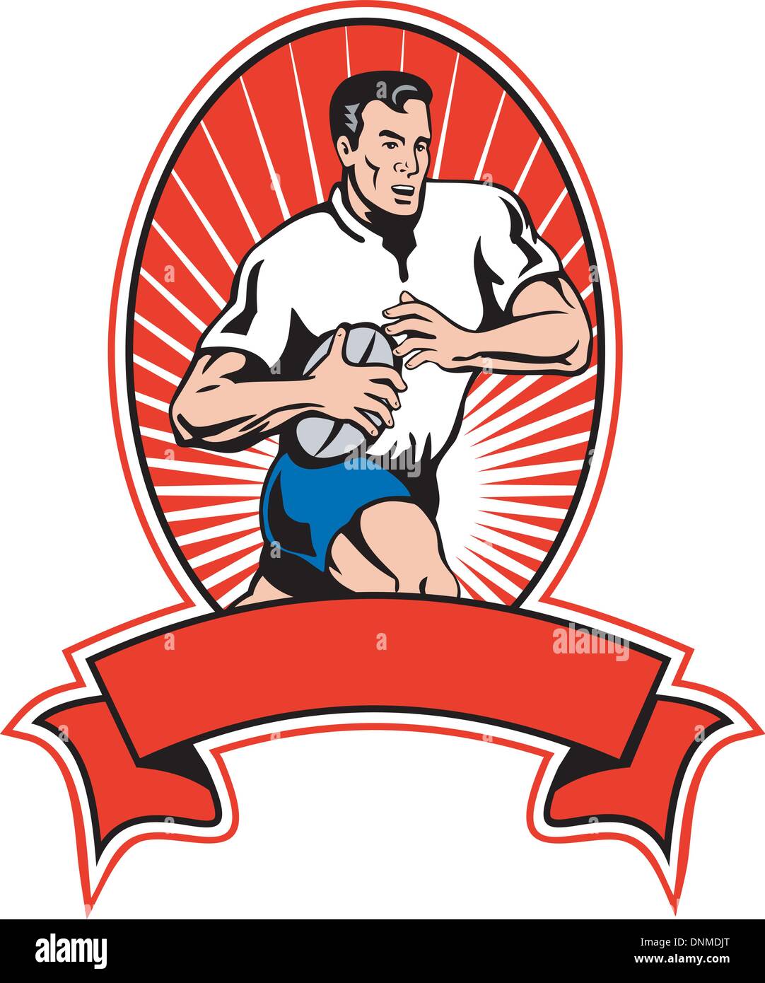 illustration of a rugby player running with ball set inside oval with