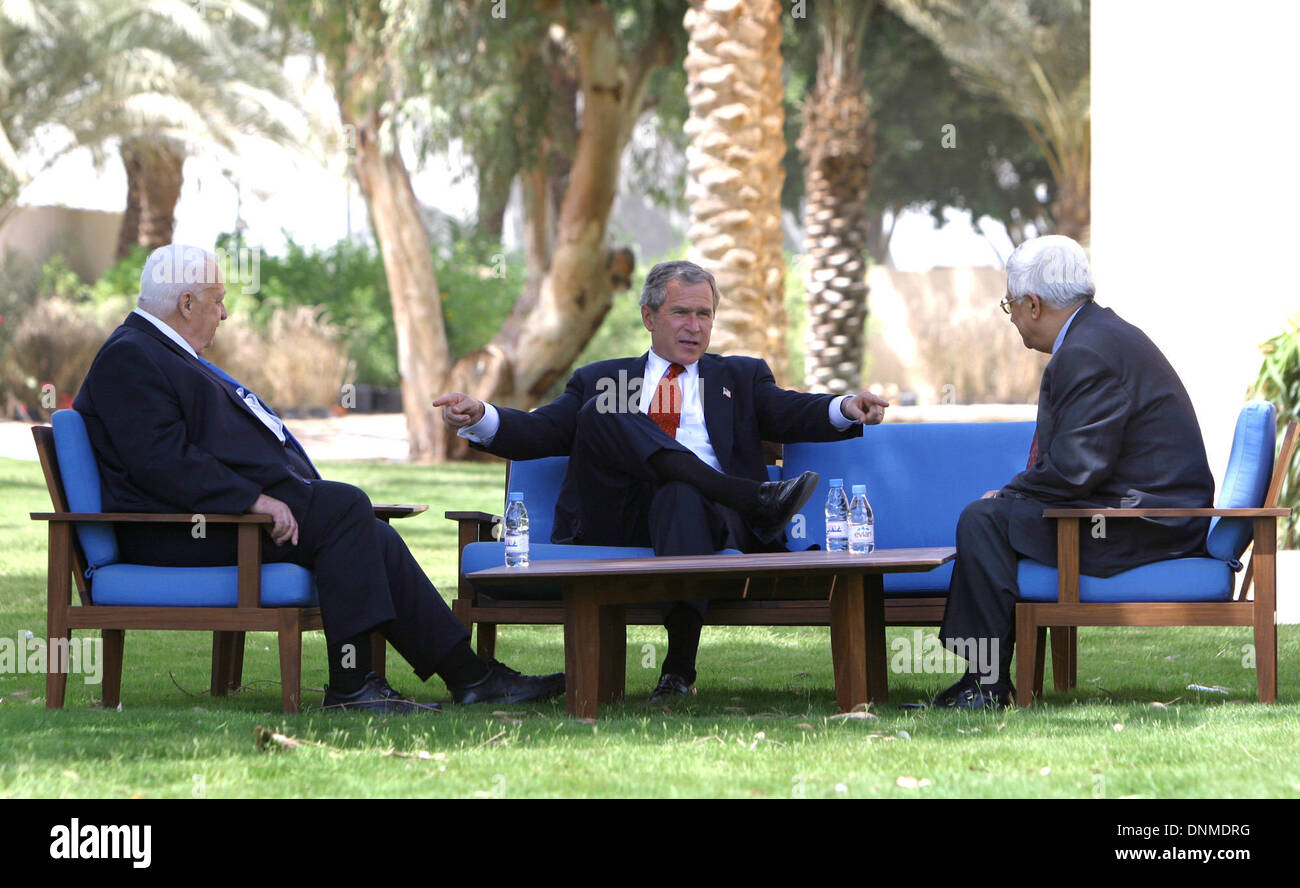 United States President George W Bush Center Discusses The Middle East Peace Process With Prime Minister Ariel Sharon Of Israel Left And Palestinian Prime Minister Mahmoud Abbas In Aqaba Jordan Wednesday June