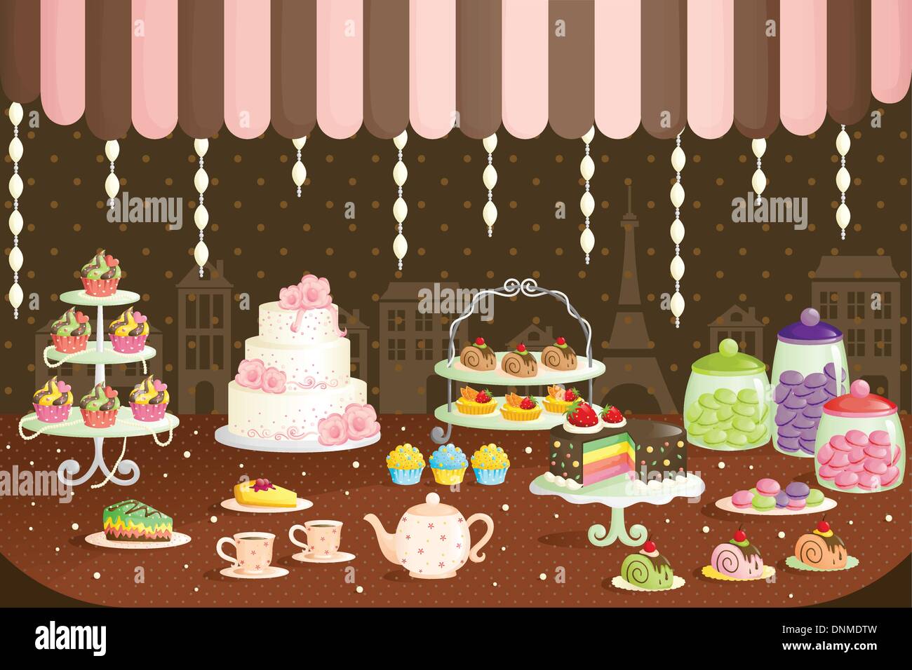 A vector illustration of cakes store display Stock Vector