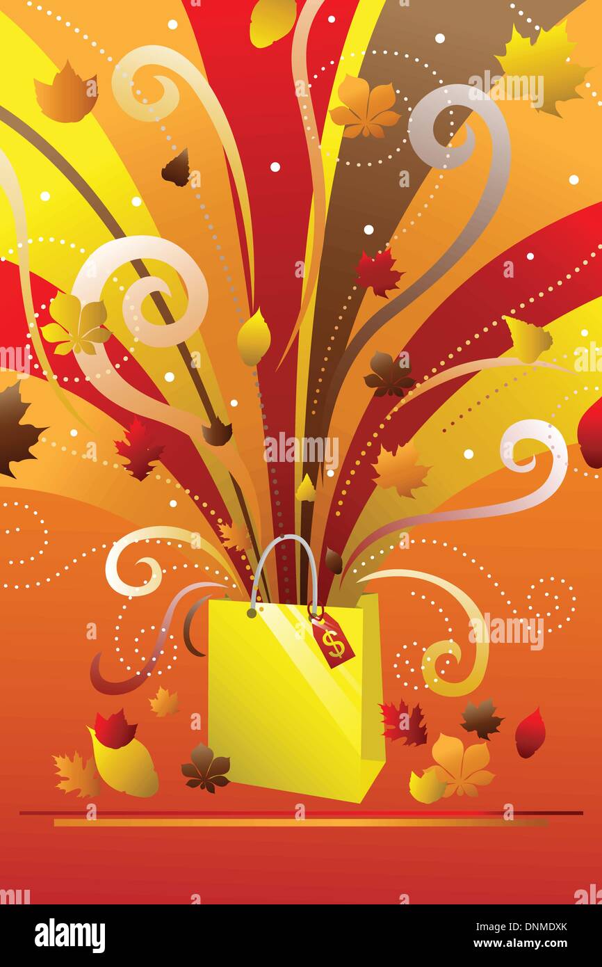 A vector illustration of a colorful shopping bag with autumn background Stock Vector