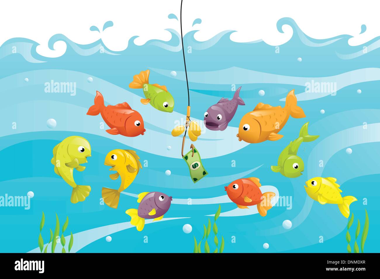 A vector illustration of a bunch of fish surrounding a bait of a dollar bill, can be used for financial concept Stock Vector