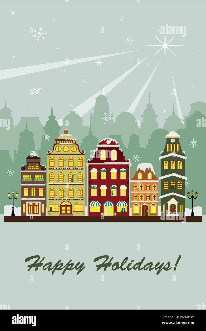 A vector illustration of a village in the winter greeting card Stock ...