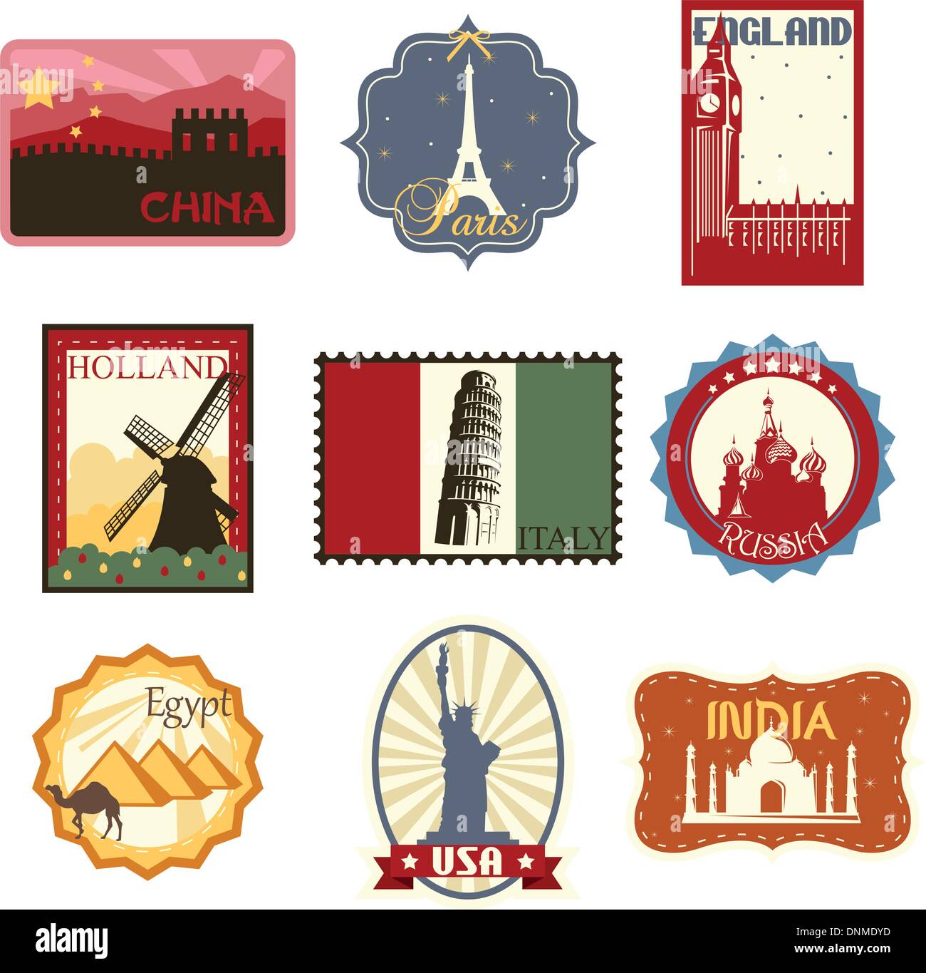 A vector illustration of world famous travel badges or labels Stock Vector