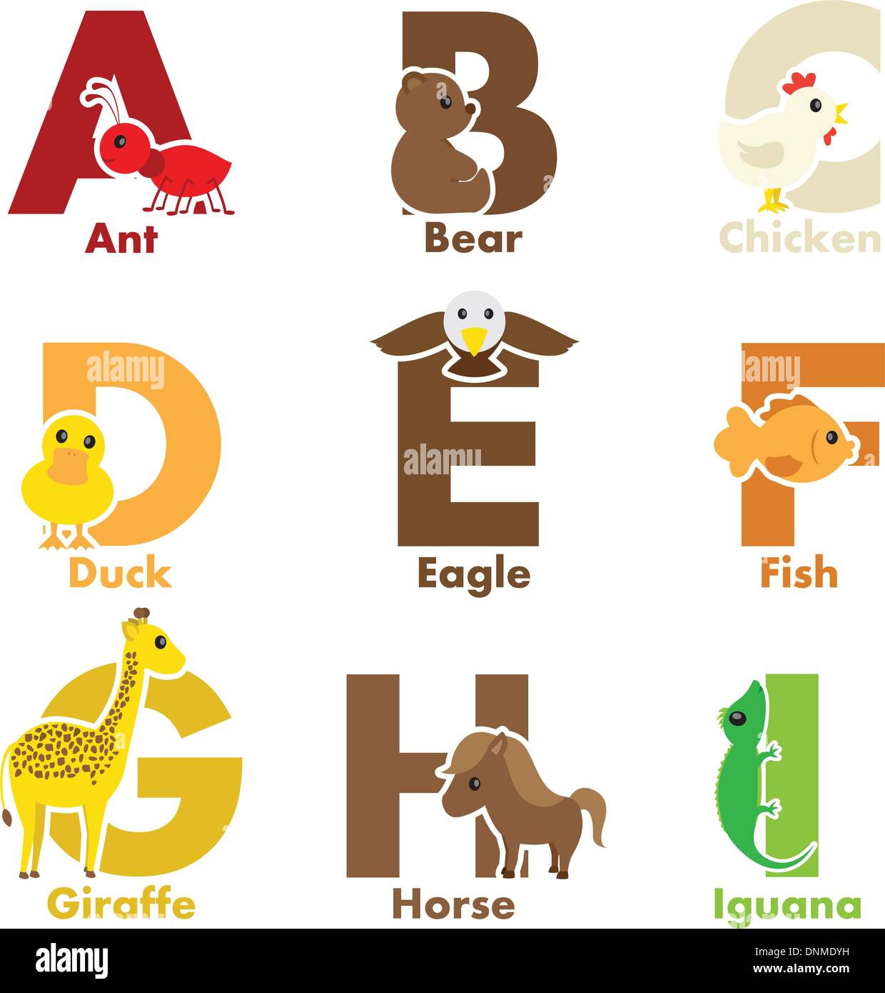 A vector illustration of alphabet animals from A to I Stock Vector