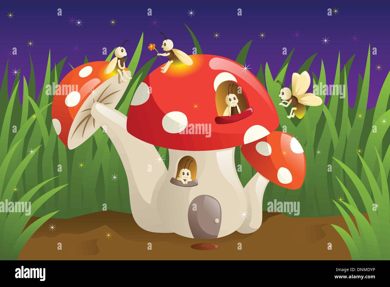 A vector illustration of mushroom house with fireflies Stock Vector