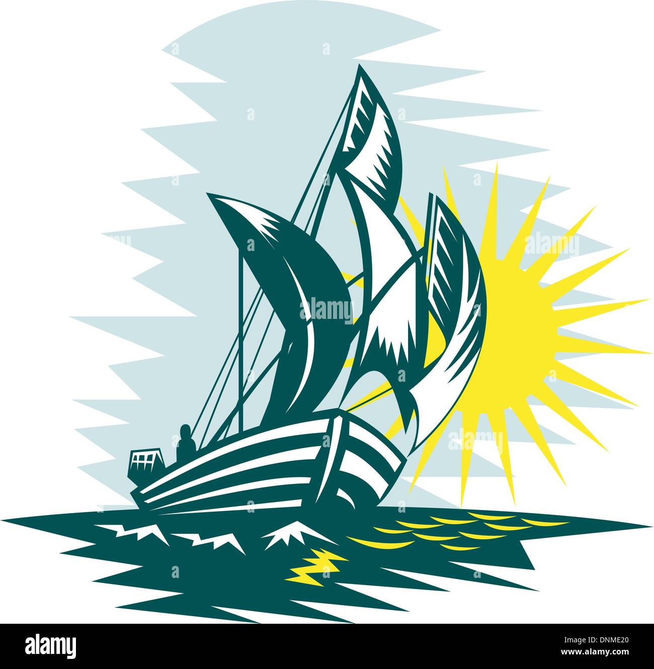 illustration of a sailboat sailing on high seas with sun Stock Vector