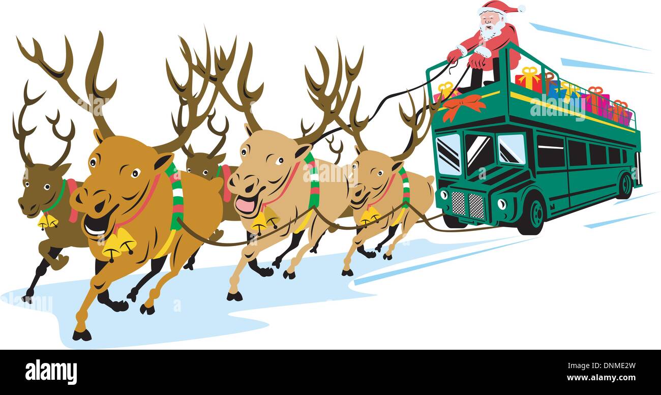 Retro style illustration of santa claus saint nicholas father christmas driving bus with reindeers on isolated white background. Stock Vector