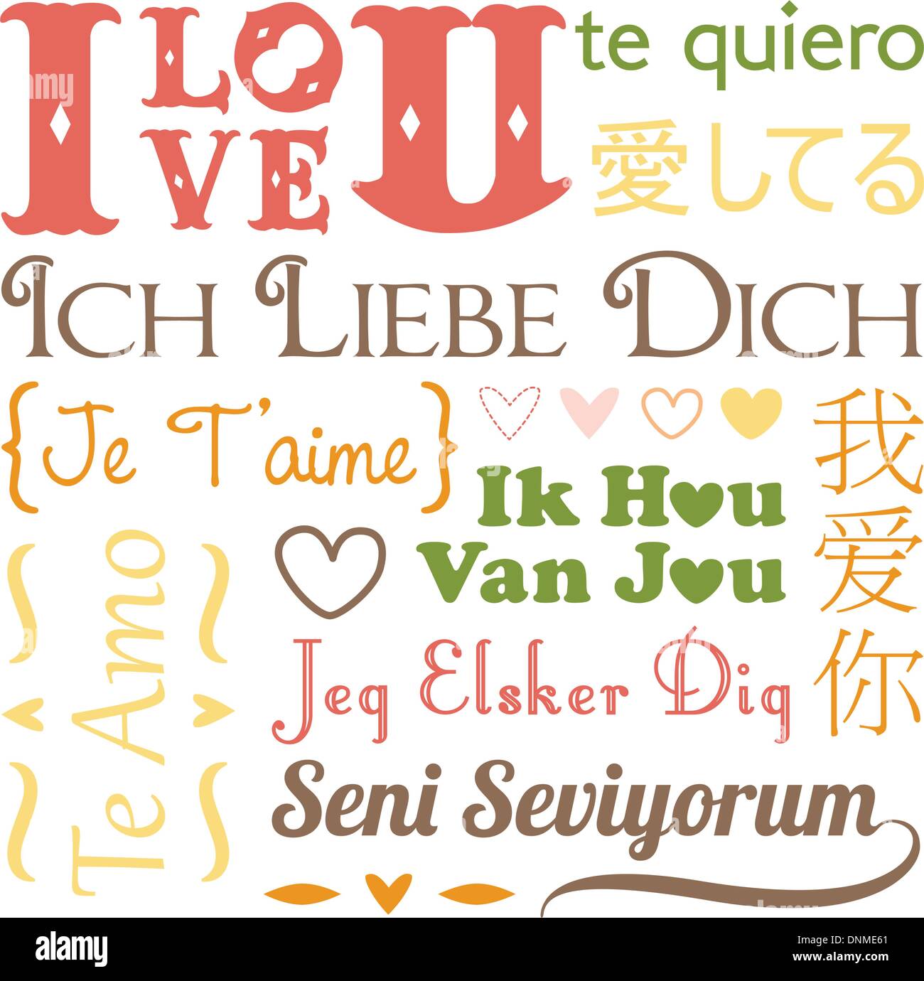 A vector illustration of I love you word in different languages Stock Vector