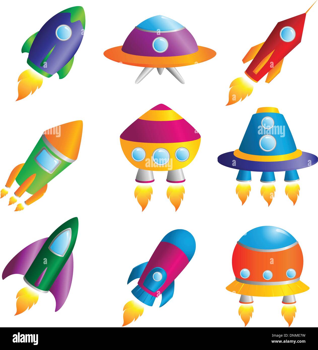 A vector illustration of a collection of colorful rockets icons Stock Vector