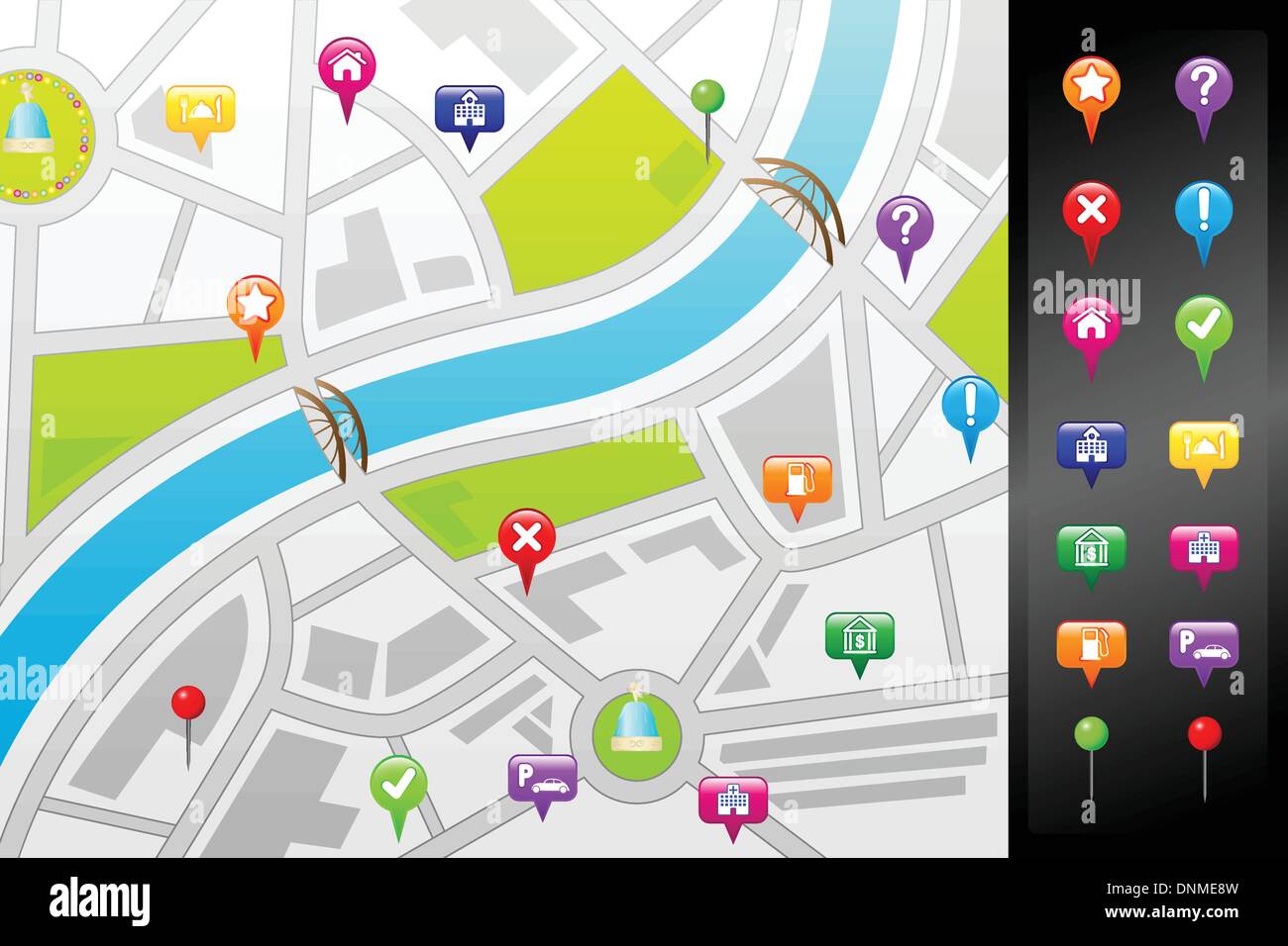 A vector illustration of a GPS street map with usable icons Stock Vector