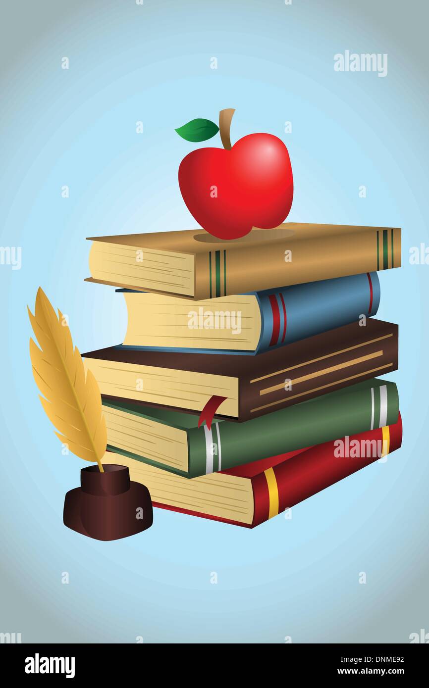 A vector illustration of a stack of books and an apple Stock Vector